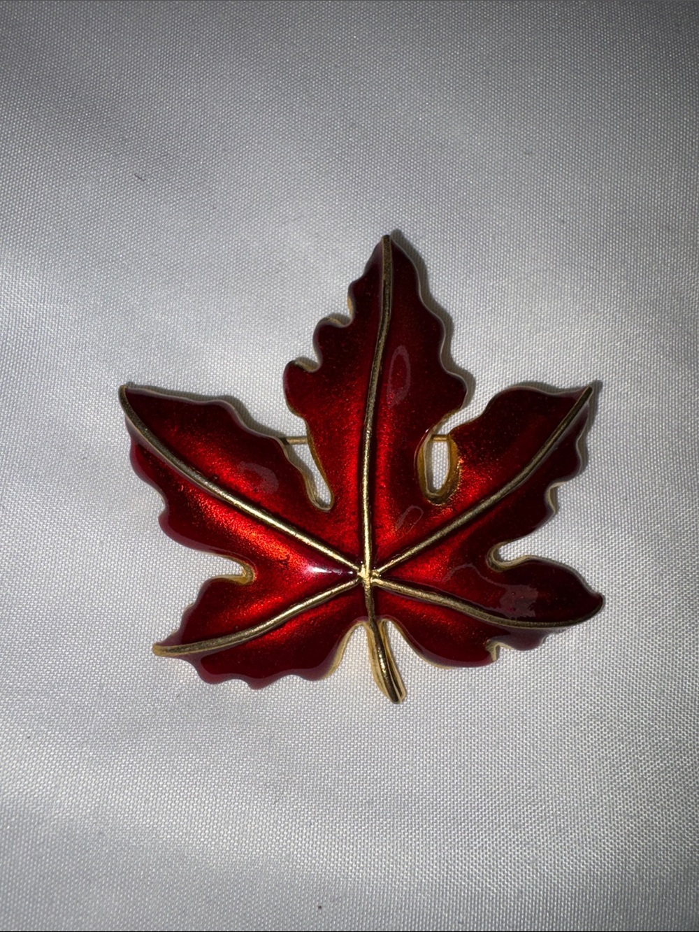 Vintage Signed Red Enamel Maple Leaf Brooch Gold Tone Autumn Pin - c1980s